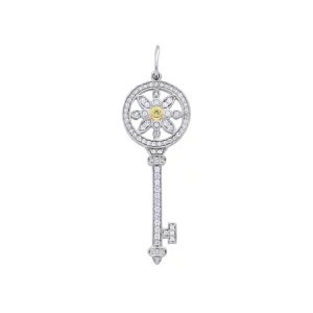 Tiffany Co Daisy Key Pendant Top Platinum Yellow Gold YG Diamond